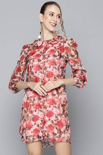 Pink printed polyester short dresses