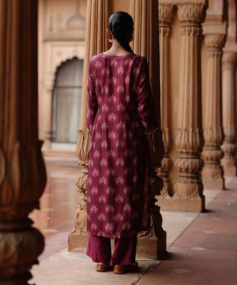Wine dupion silk printed and embroidered kurta set 3