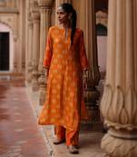 Orange dupion silk printed and embroidered kurta set
