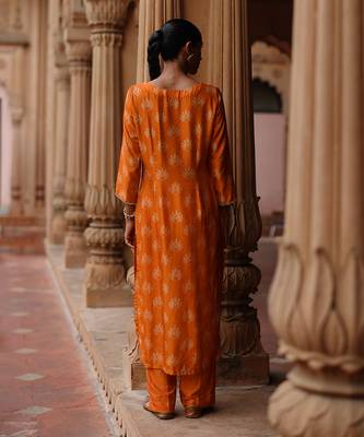 Orange dupion silk printed and embroidered kurta set 3