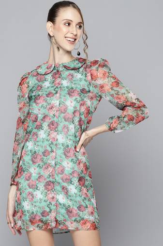 Green printed polyester short dresses