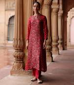 Red printed dupion silk kurta set