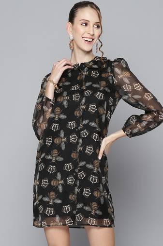 Black printed polyester short dresses
