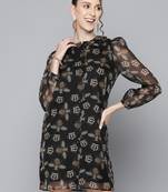 Black printed polyester short dresses