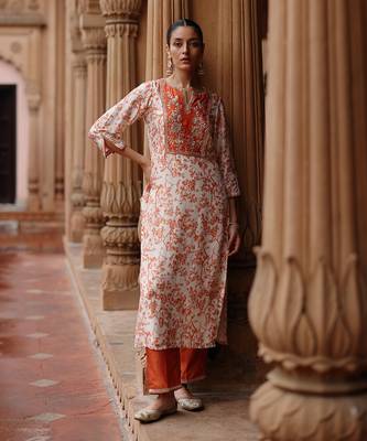 Cream orange printed and hand embroidered  dupion silk kurta set 1