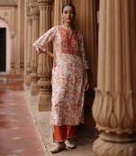 Cream orange printed and hand embroidered  dupion silk kurta set