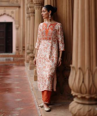 Cream orange printed and hand embroidered  dupion silk kurta set 2