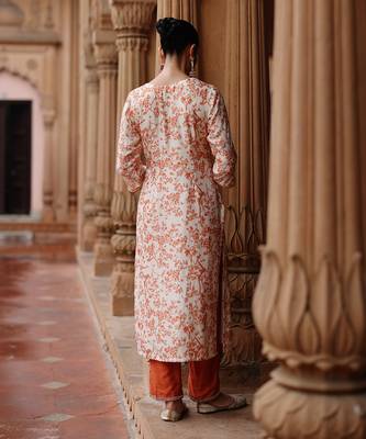 Cream orange printed and hand embroidered  dupion silk kurta set 3