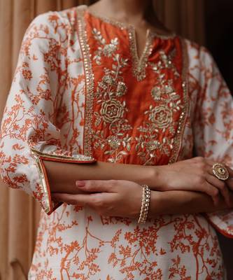 Cream orange printed and hand embroidered  dupion silk kurta set 4