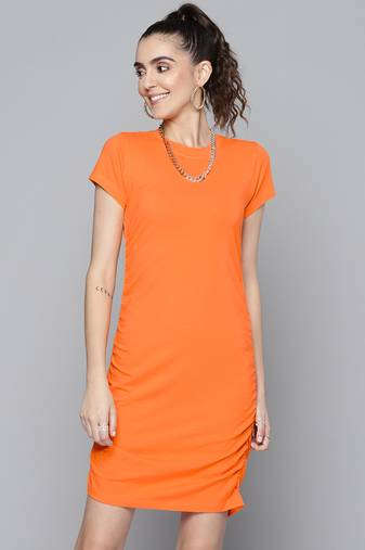 Orange plain poly cotton short dresses
