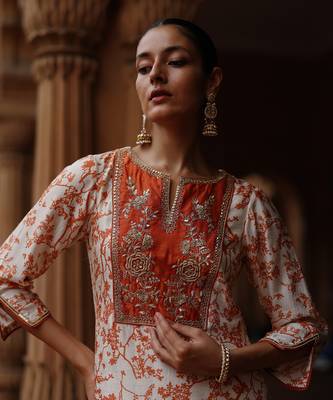 Cream orange printed and hand embroidered  dupion silk kurta set 5