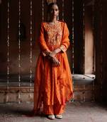 Orange printed and hand embroidered  dupion silk kurta set