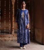 Blue printed and hand embroidered  dupion silk kurta set
