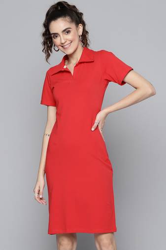Red plain poly cotton short dresses