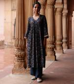 Blue printed and hand embroidered  dupion silk kurta set