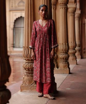Red printed and hand embroidered  dupion silk kurta set 1