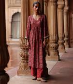 Red printed and hand embroidered  dupion silk kurta set