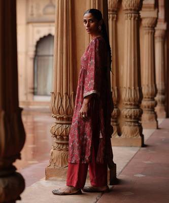 Red printed and hand embroidered  dupion silk kurta set 2