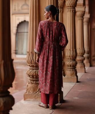 Red printed and hand embroidered  dupion silk kurta set 3