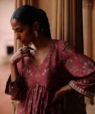 Red printed and hand embroidered  dupion silk kurta set 5