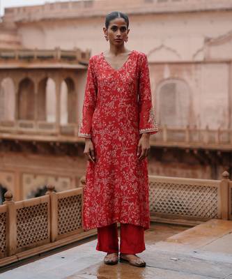 Red printed and hand embroidered  dupion silk kurta set 1