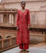 Red printed and hand embroidered  dupion silk kurta set