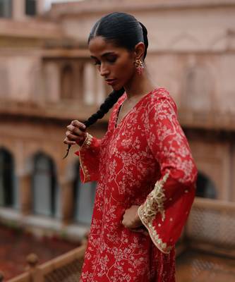 Red printed and hand embroidered  dupion silk kurta set 3