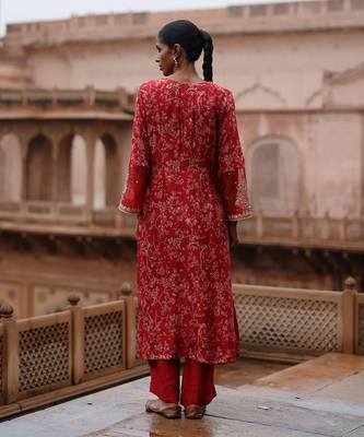 Red printed and hand embroidered  dupion silk kurta set 4