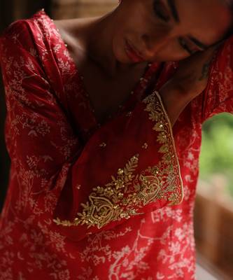Red printed and hand embroidered  dupion silk kurta set 5