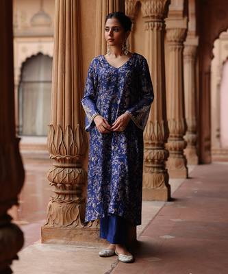 Blue printed and hand embroidered  dupion silk kurta set 1