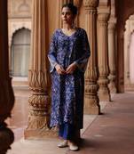 Blue printed and hand embroidered  dupion silk kurta set