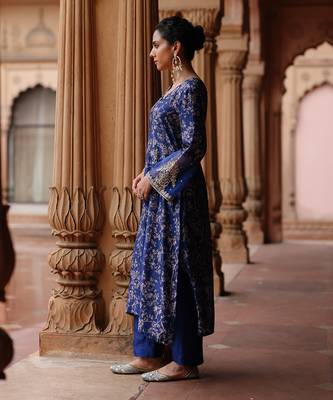 Blue printed and hand embroidered  dupion silk kurta set 2