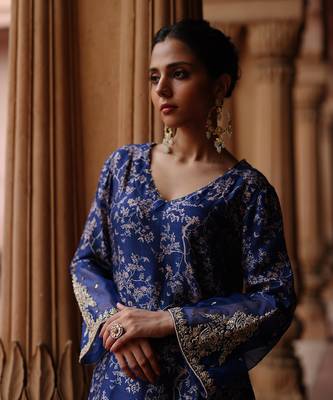 Blue printed and hand embroidered  dupion silk kurta set 3