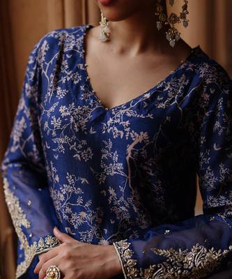 Blue printed and hand embroidered  dupion silk kurta set 4
