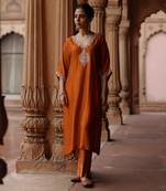 Orange printed and hand embroidered dupion silk kurta set