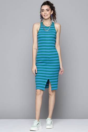 Blue plain poly cotton short dresses