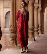 Red printed and hand embroidered dupion silk kurta set