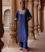 Blue printed and hand embroidered dupion silk kurta set