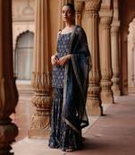Blue dupion silk printed sharara set