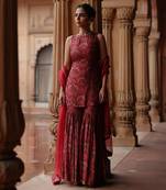 Red dupion silk printed and embroiderd sharara set