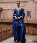 Blue dupion silk printed and embroiderd sharara set