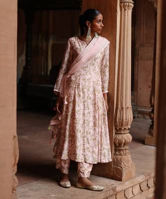 Pastel pink dupion silk printed anarkali set 1