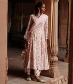 Pastel pink dupion silk printed anarkali set