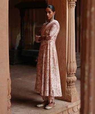 Pastel pink dupion silk printed anarkali set 2