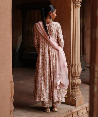 Pastel pink dupion silk printed anarkali set 3