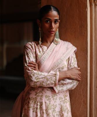 Pastel pink dupion silk printed anarkali set 4