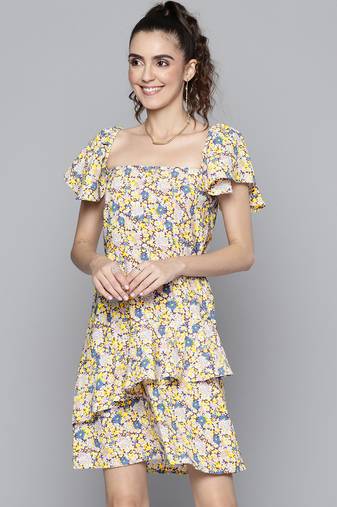 White printed polyester short dresses