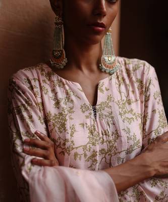 Pastel pink dupion silk printed anarkali set 5