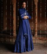Blue dupion silk embroidered and printed anarkali set