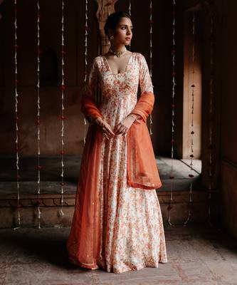 Cream dupion silk printed and embroidered anarkali set 1